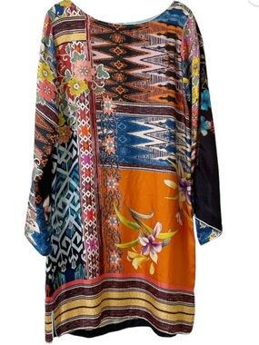 Johnny Was Multicolor Patchwork Boho Tunic with Teal Trim